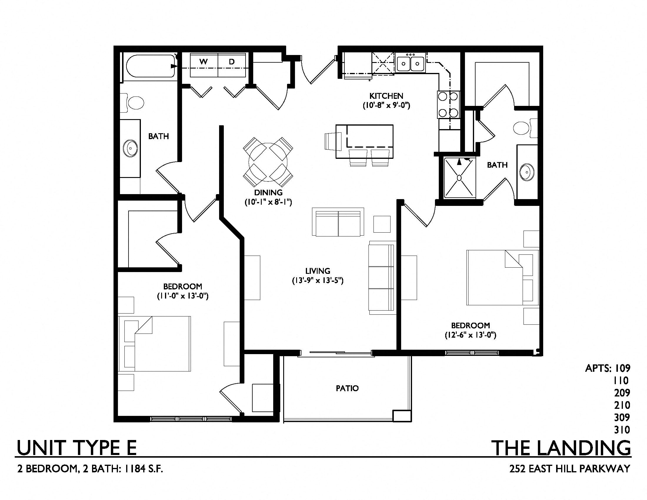 Floor plan for 2 beds, 2 baths, 1184 sqft